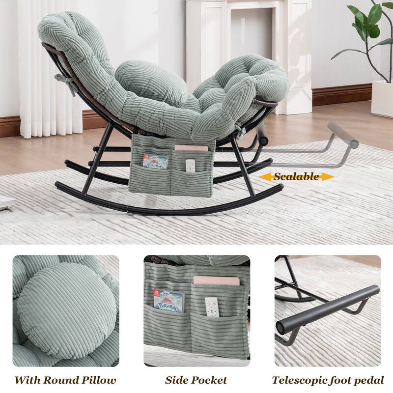 HOMEFUN Corduroy Upholstered Egg Shaped Design Steel Frame Rocking Chair with Side Pocket and Foot Pedal