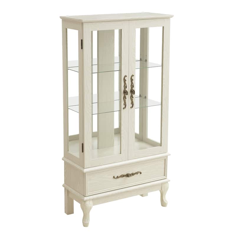 Elegant Glass Display Cabinet with Adjustable Shelves, 2 Doors, 1 Drawer & Built-in Lighting for Showcasing Collectibles