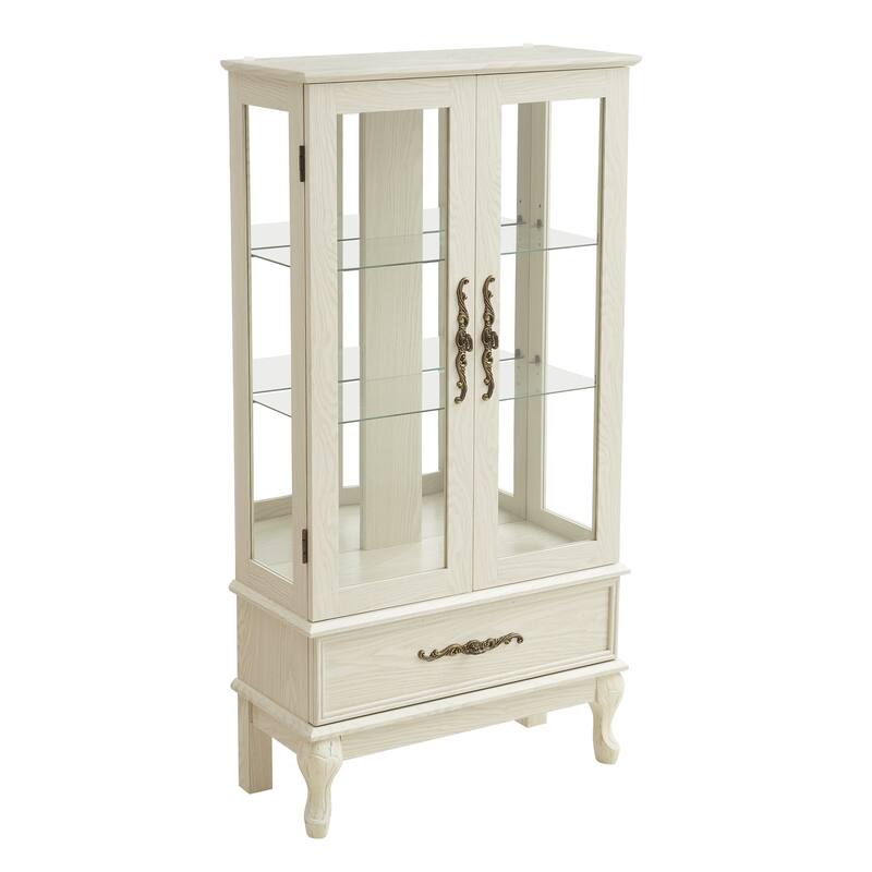 Vintage Display Cabinet with 2 Doors, Adjustable Glass Shelves and 1 Drawer