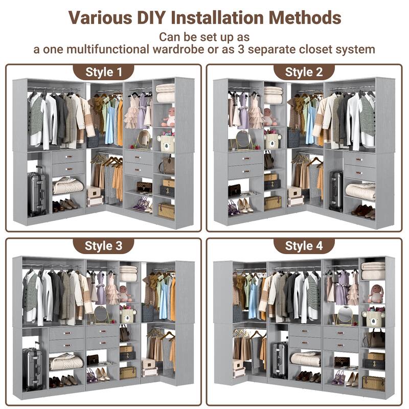 Rackcog 71'' - 110'' Set of 3 Freestanding Corner Closet Organizer, Reversible Wardrobe with Hanging Rods