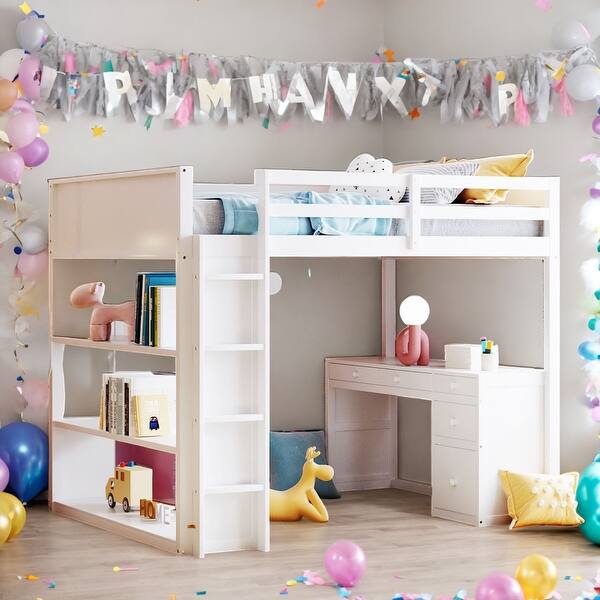 slide 2 of 20, Full Size Loft Bed with Ladder, Shelves and Desk, Maximized Space, White White