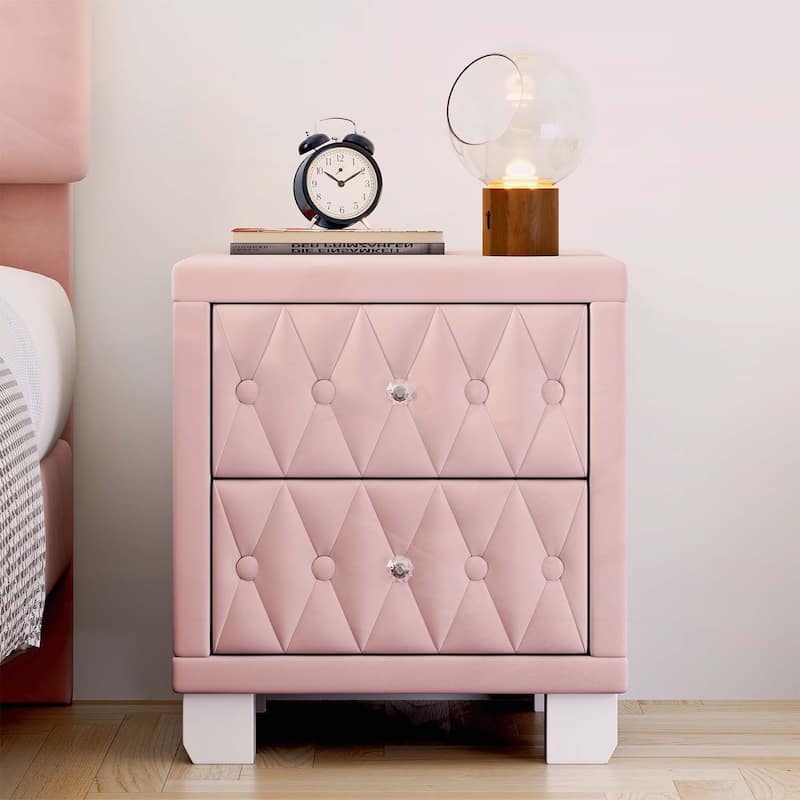Nightstand with 2 Drawers,Crystal Handles,and Button-Tufted Design,for Bedroom Decor
