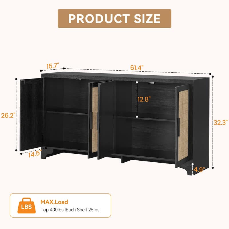 62 Inch Rattan Sideboard Buffet Cabinet, 4-Door with Shelves
