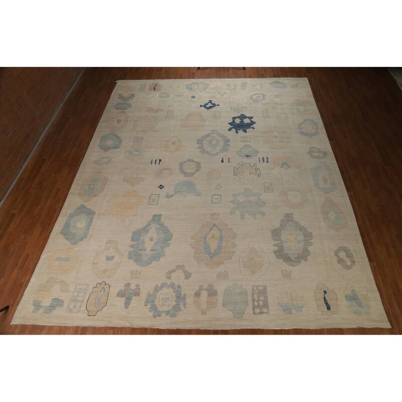 Hand Knotted Oriental 100% Wool Carpet Transitional All-Over Beige & Ivories Oushak Area Rug - 14' 8'' X 11' 10''
