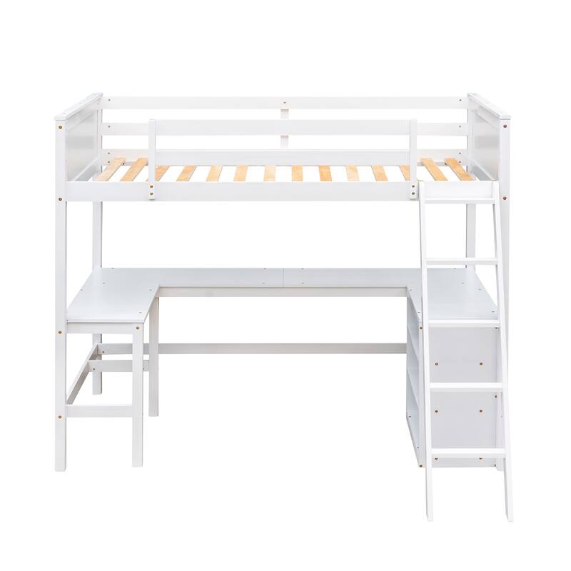 Roomfitters Twin Size Loft Bed with Desk and Storage Shelves, White