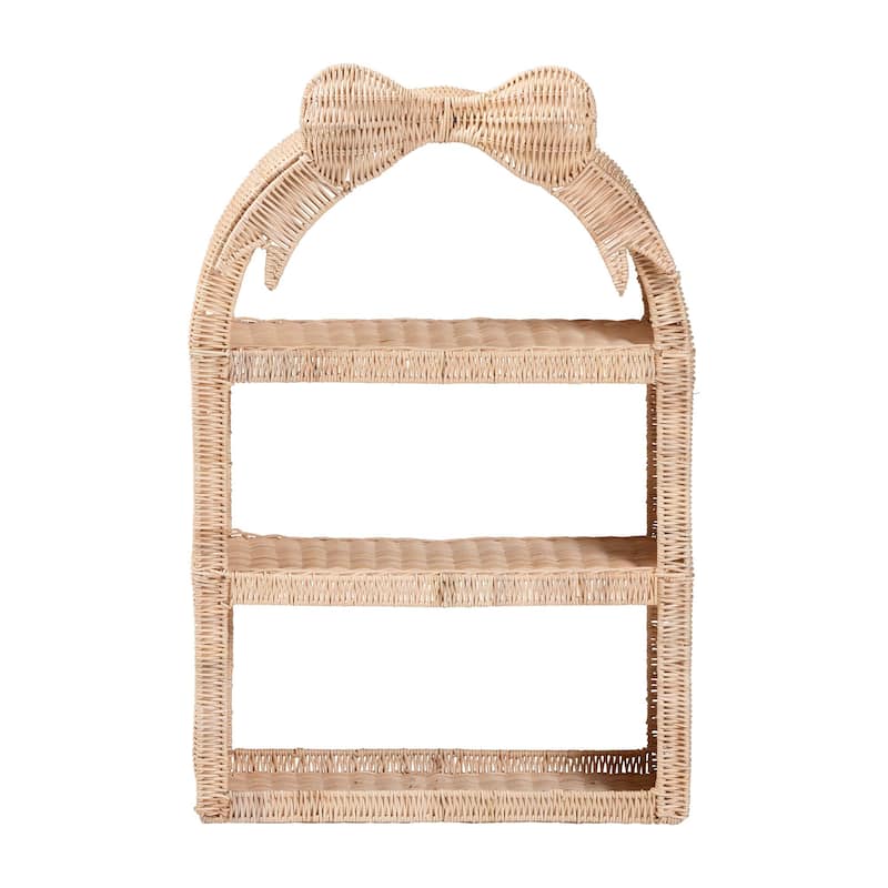 Creusa Natural Rattan Wall Shelf - 3-Tier Decorative Storage Rack with Arched Frame and Woven Bow Accent, Coastal Display Shelf
