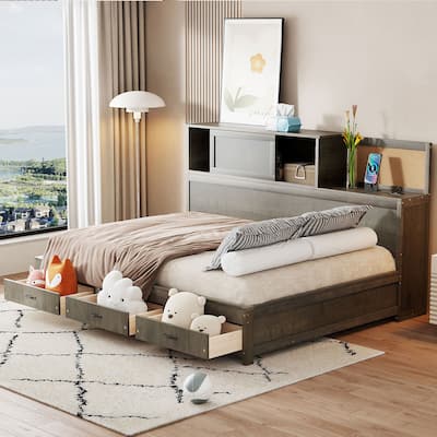 Full Daybed with Storage, USB Ports, Pushable Shelf & Wooden Frame