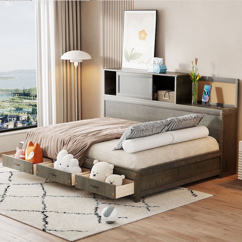 Full Size Wooden Daybed with 3 Storage Drawers, Upper Soft Board, shelf, and a set of Sockets and USB Ports - Gray