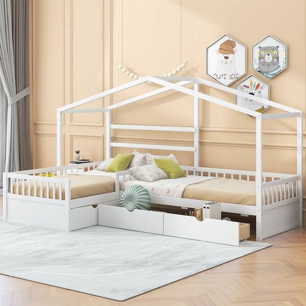 slide 2 of 9, Twin Size Wood House Platform Bed with 3 Storage Drawers, White White - Twin
