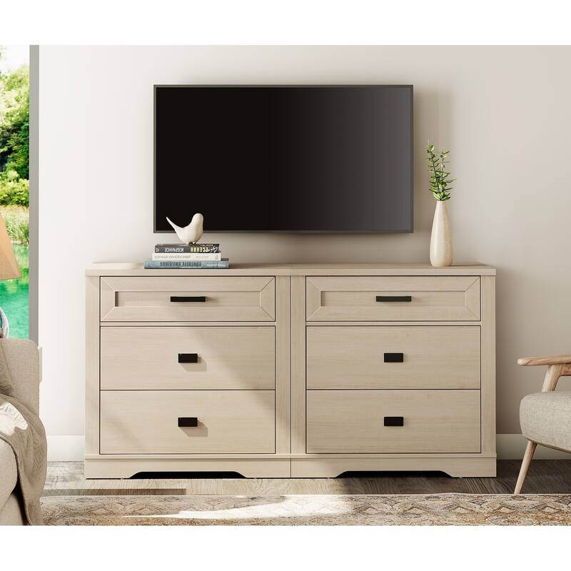 WAMPAT Mid Century Modern Dresser, 31.9" Tall Storage Cabinet with Drawers - Beige - 6-drawer