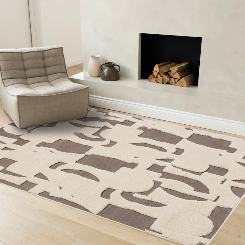 Taupe White Abstract Geometric Shapes Rug