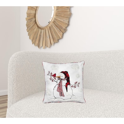 HomeRoots 18" X 18" White and Red Christmas Snowman Polyester Zippered Pillow With Embroidery