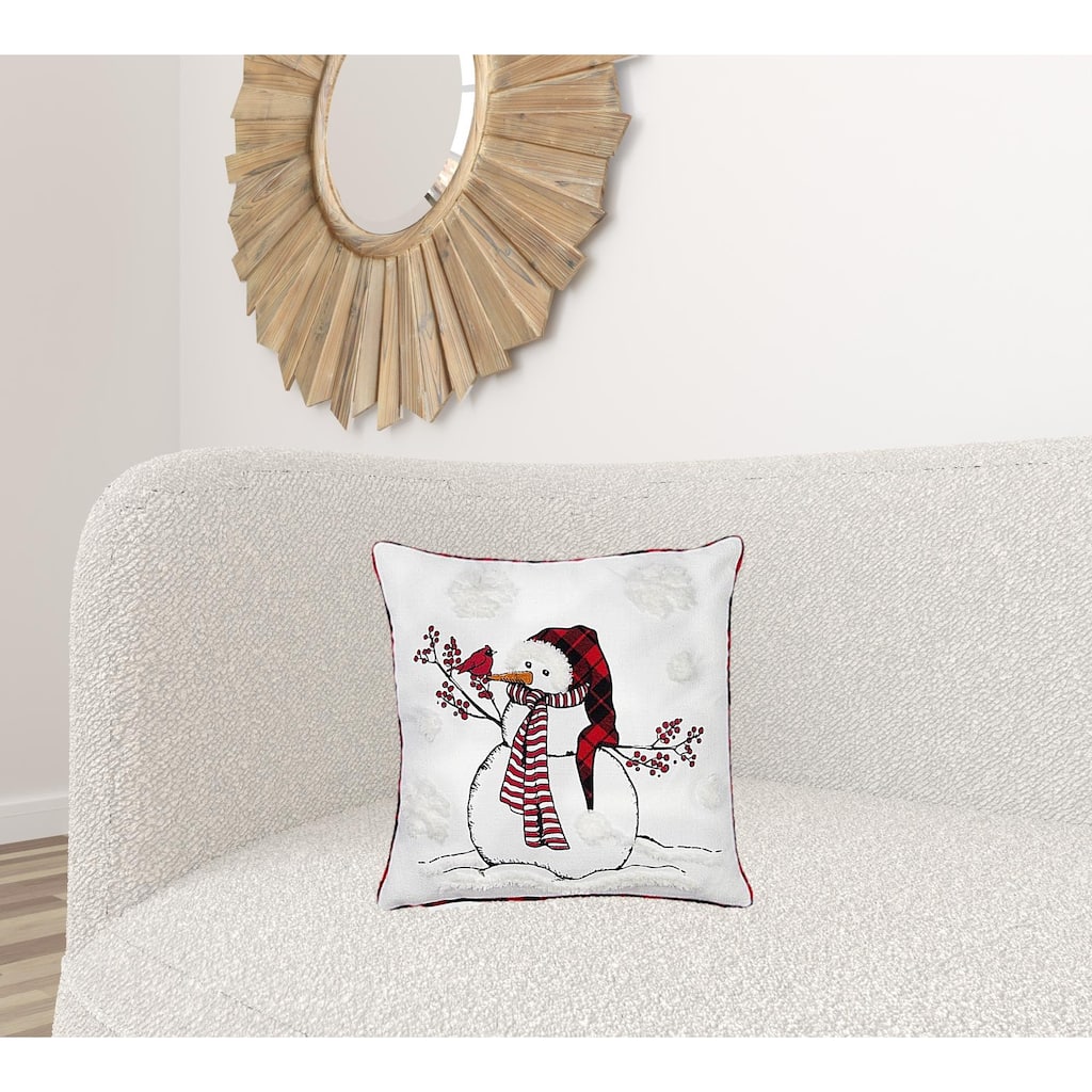 HomeRoots 18" X 18" White and Red Christmas Snowman Polyester Zippered Pillow With Embroidery