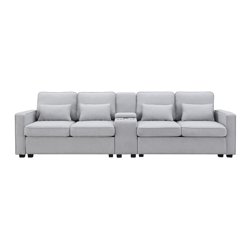 Multifunctional Sofa with 2 Cupholders and Console, 114.2" Linen Fabric Sofa with 4 Pillows and 2 USB Ports for Livingroom - Light Gray