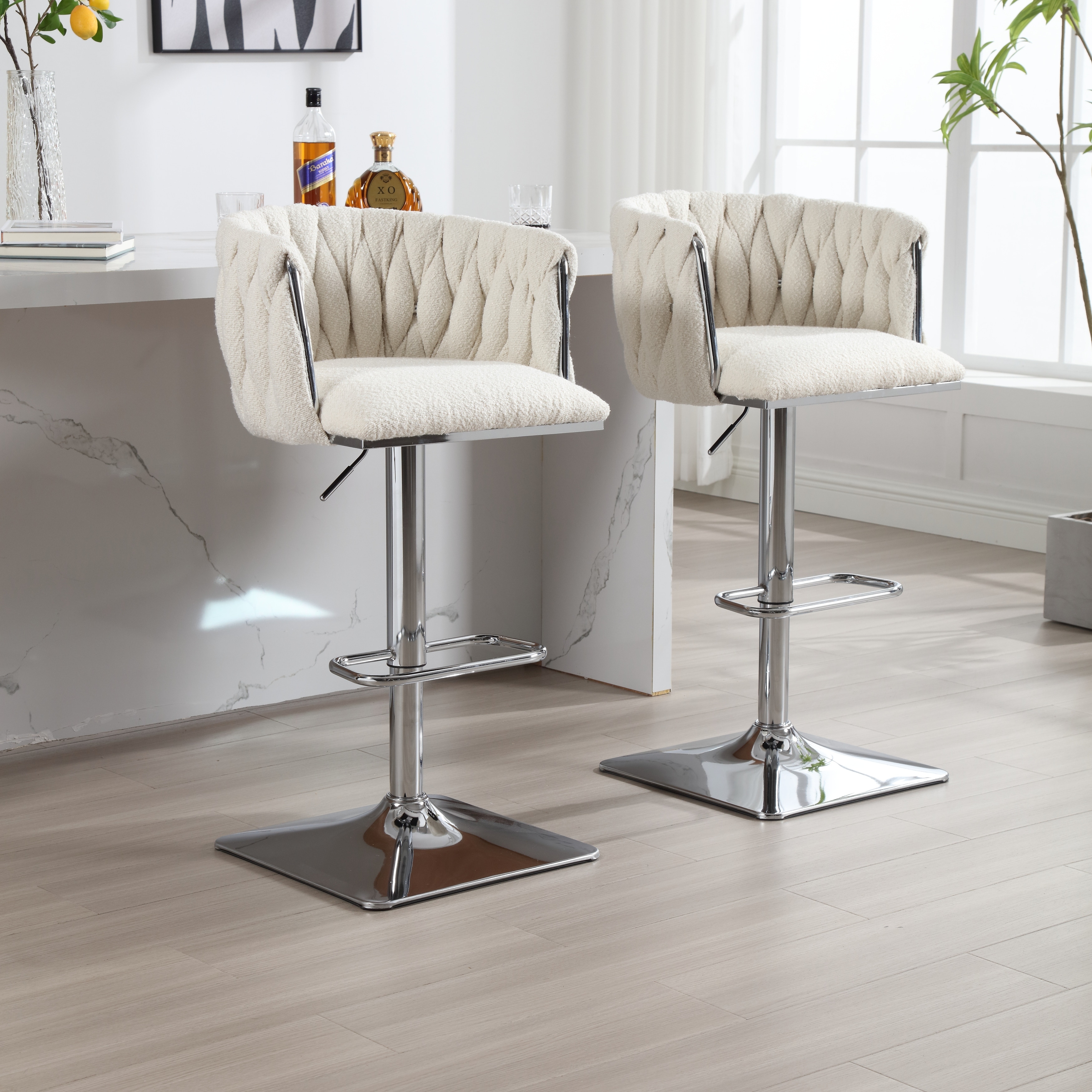 2pcs Ivory Boucle Barstools 360 Swivel Bar Stools Dining Chair