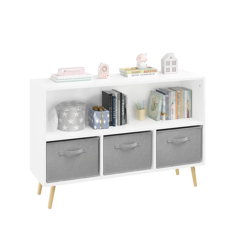 Anmytek White/Gray Kids Storage Organizer with Fabric Drawers White Bookcase Toy Display Shelf