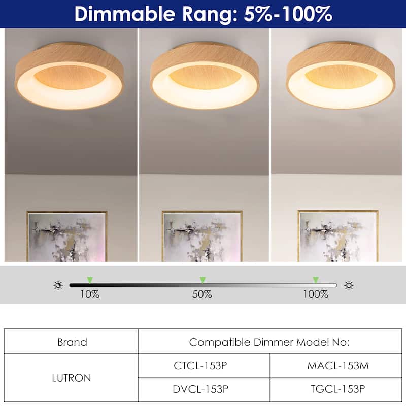 15.7 in. Farmhouse Traditional Metal Round Dome Dimmable Integrated LED 3000K Warm Light Flush Mount Lighting - Wood Grain