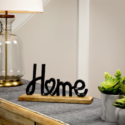 Metal Home with Heart Sign with Wooden Base - 12"