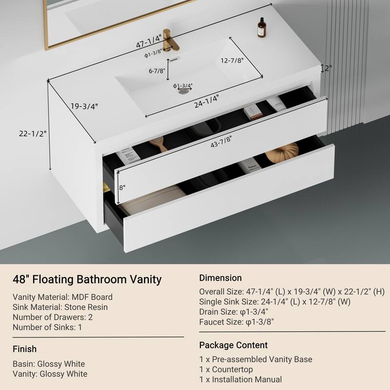 GDFStudio - Maxwell Floating Bathroom Vanity with Stone Resin Countertop & Soft-Close Drawers