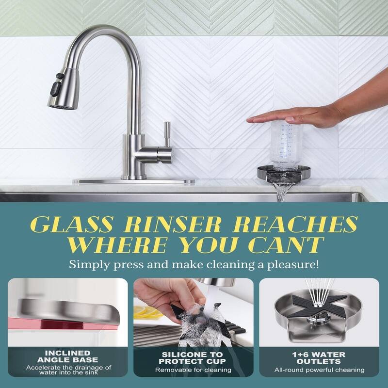 WOWOW Single-Handle Pull Down Sprayer Kitchen Faucet with Glass Rinser