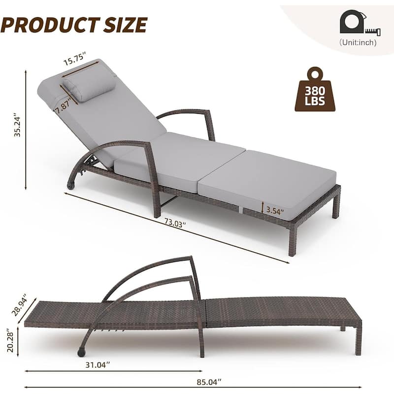 2-Piece Outdoor Rattan Patio Folding Chaise Lounge with Adjustable Backrest for Poolside, Backyard, Deck
