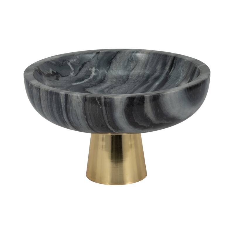 Sagebrook Home 12" Dazey Grey Marble Bowl, 7"H, Gold Base - 12" x 12" x 7"