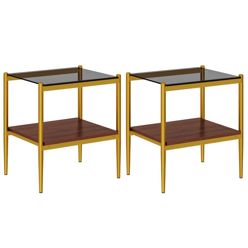Set of 2 Rectangle End Table Tempered Glass Tabletop with MDF layer