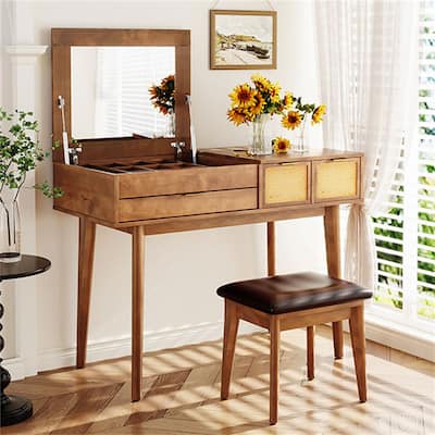 43.3" Classic Wood Makeup Vanity Set with Flip-top Mirror and Stool