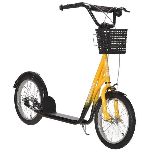slide 2 of 7, Aosom Youth Scooter, Kick Scooter with Adjustable Handlebars, Double Brakes, 16" Inflatable Rubber Tires, Basket, Cupholder orange-yellow