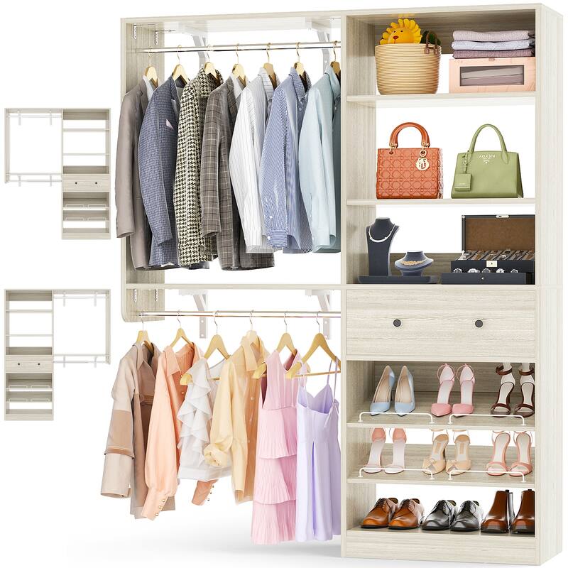 5FT Wood Closet System with 2 Hanging Rods ＆ Adjustable Shelf,Reversible Walk In Closet Organizers with Shoe Rack ＆ Drawer - White Oak