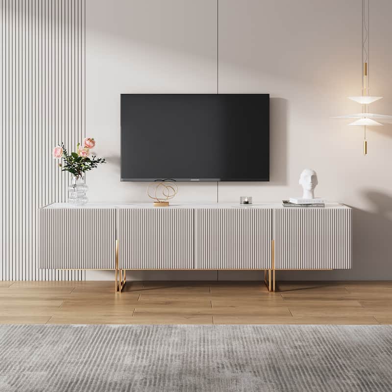 JASIWAY Beige Stone Top TV Stand with 4 Doors 6 Shelves