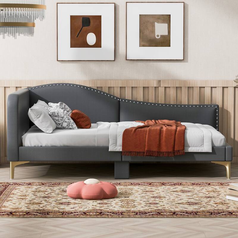 Twin/Full Size Upholstered Daybed with Headboard and Armrest, Linen Day Bedframe Sofa Bed with Support Legs and Sturdy Slats