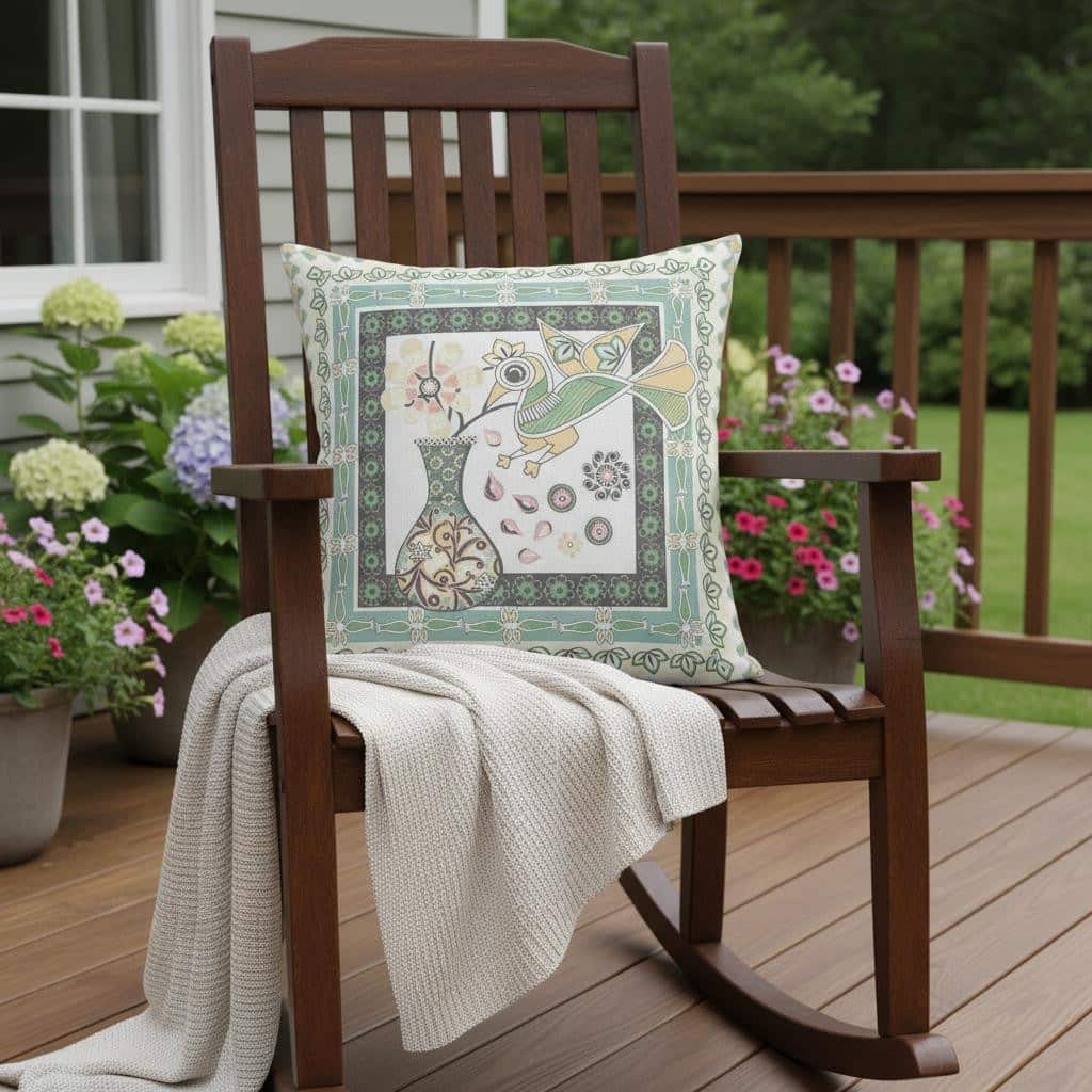 HomeRoots 18" x 18" Green and White Bird Blown Seam Floral Indoor Outdoor Throw Pillow - 18.00' X '5.00' X '18.00