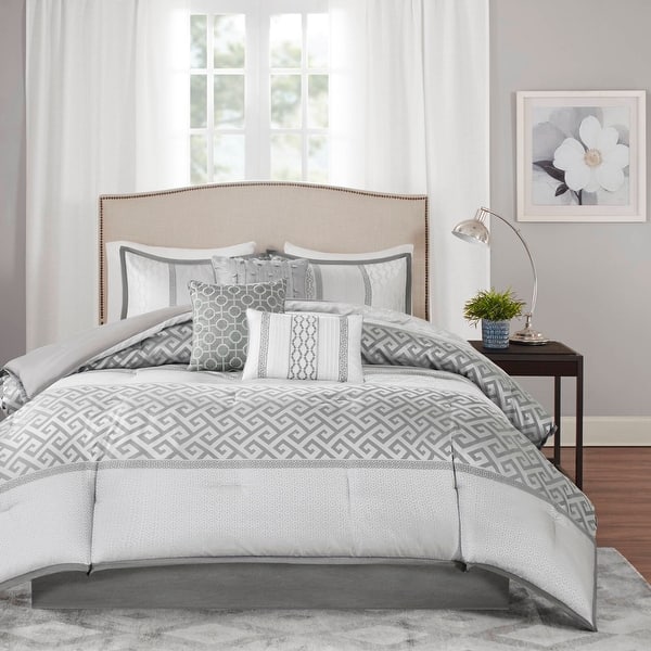 slide 2 of 10, Madison Park Christian 7-piece Geometric Jacquard Comforter Set Grey - California King
