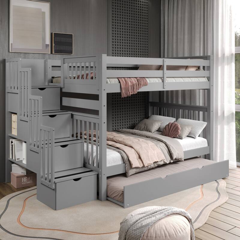 Taylor & Olive Trillium Full over Full Stairway Bunk Bed, Twin Trundle - Grey