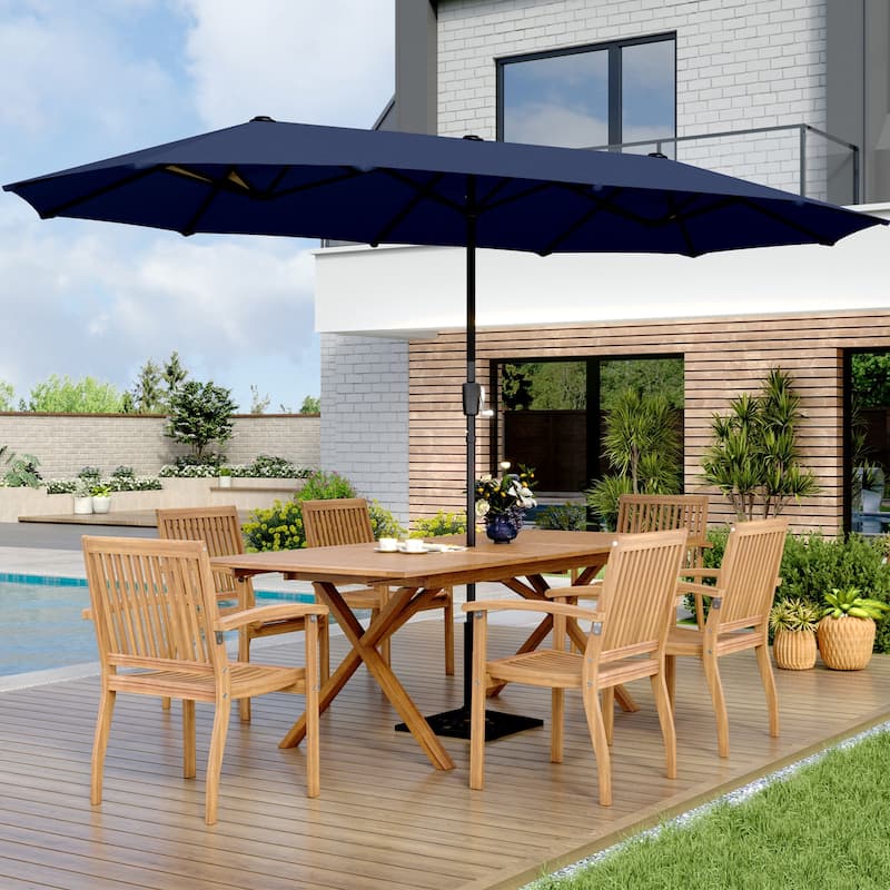 MAISON ARTS Double-Sided 13-foot Twin Outdoor Market Crank Umbrella with Colored LED Lights