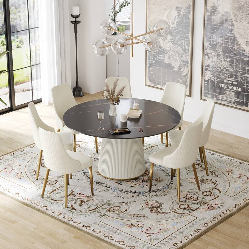 59'' Modern Round Dining Table for 8, Black Sintered Stone Tabletop with Lazy Susan