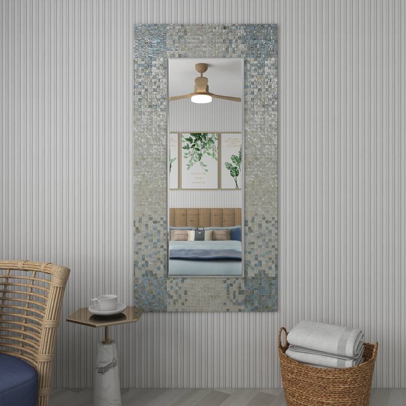Cream Mother of Pearl Shell Handmade Mosaic Room Wall Mirror with Blue Corners