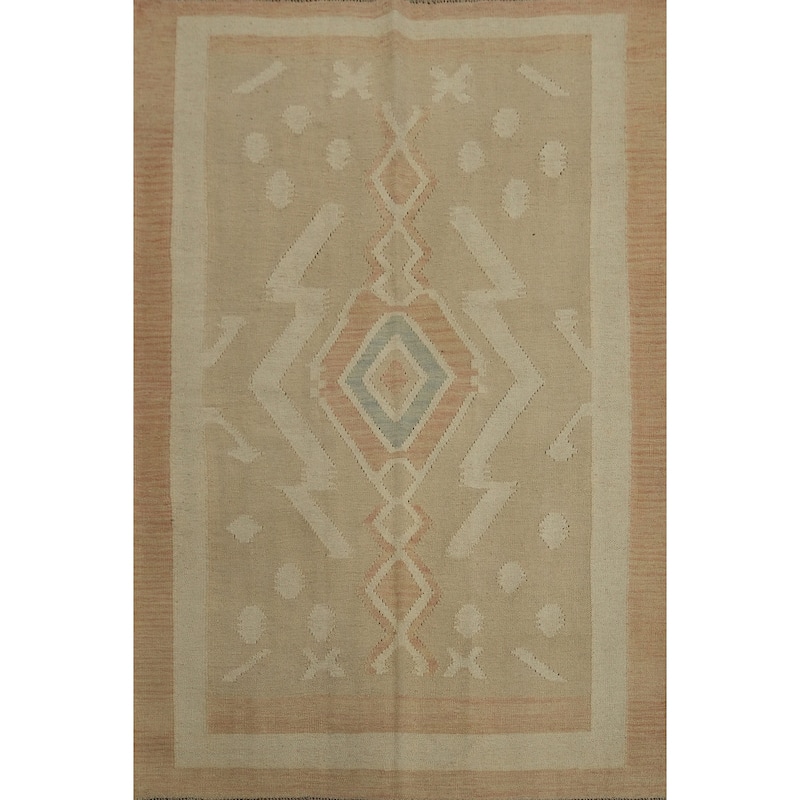 Hand Woven Oriental 100% Wool Carpet Southwestern Tribal Beige & Ivories Kilim Area Rug - 6' 5'' X 4' 11''