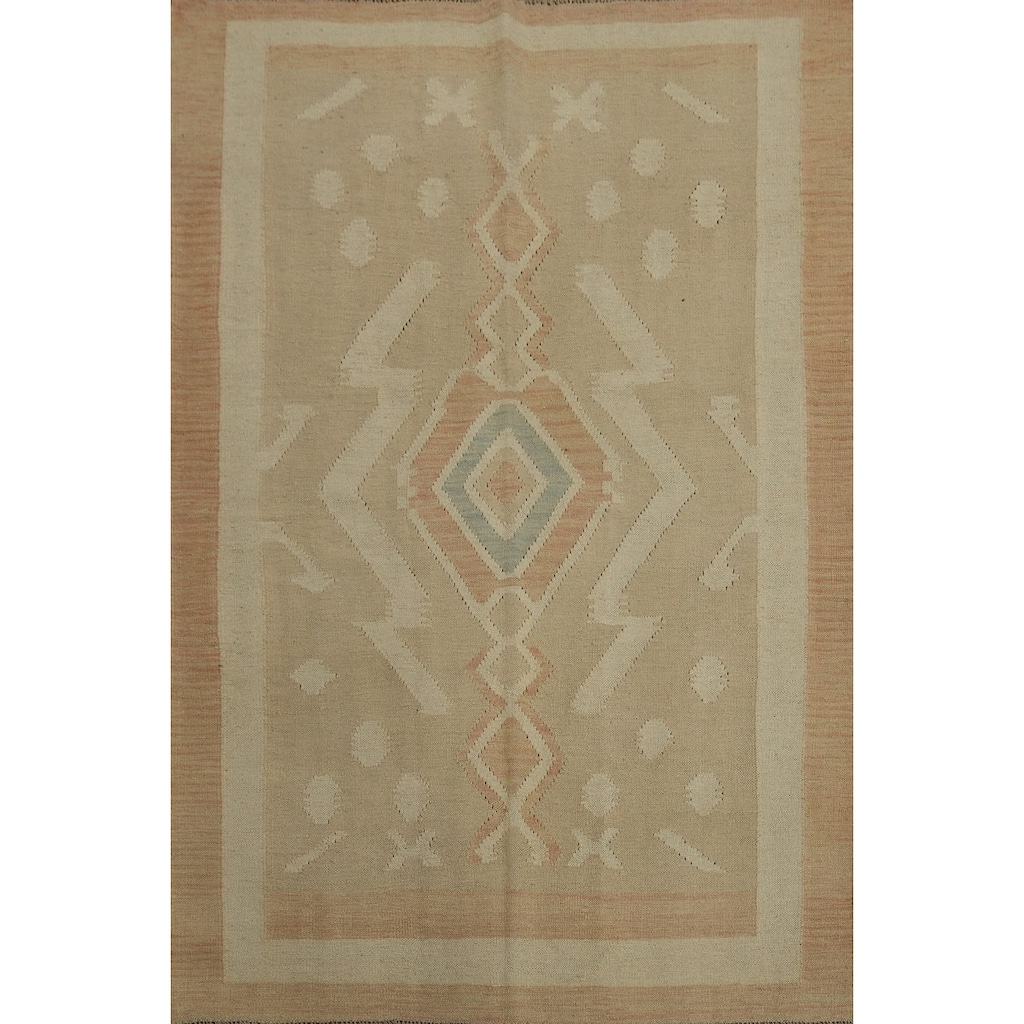 Hand Woven Oriental 100% Wool Carpet Southwestern Tribal Beige & Ivories Kilim Area Rug - 6' 5'' X 4' 11''