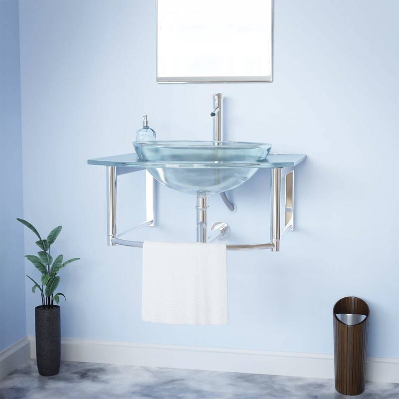 Glass Wall Mount Console Sink Haiku 23.75" with Chrome Faucet, Drain and Towel Bar Renovators Supply