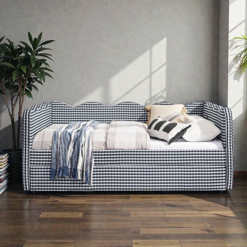Full Size Gingham Daybed with Twin Trundle, Linen Sofa Bed with USB Port and Wave Shaped Design