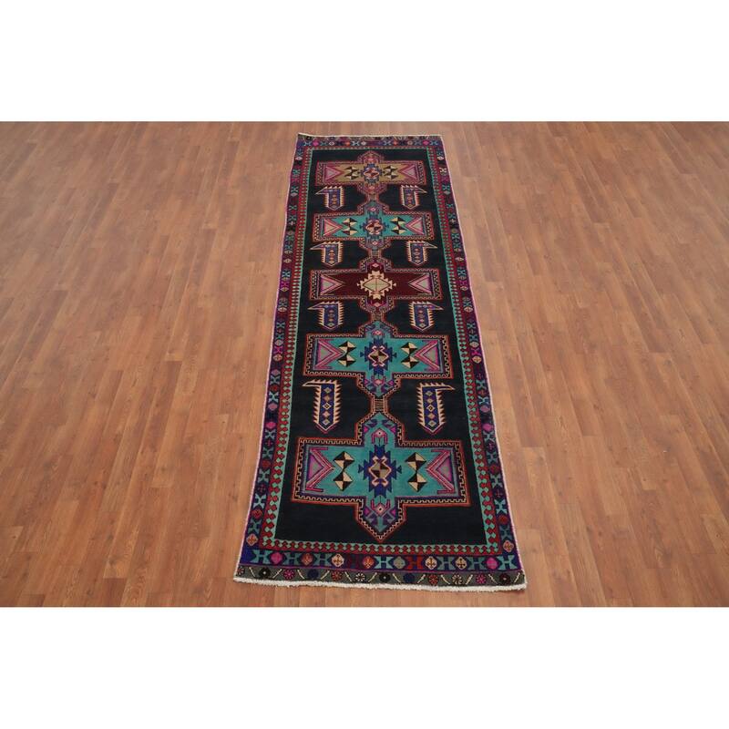 Hand Knotted Oriental 100% Wool Carpet Traditional Tribal Navy Blue & Blues Ardebil Runner Rug - 10' 0'' X 3' 2''