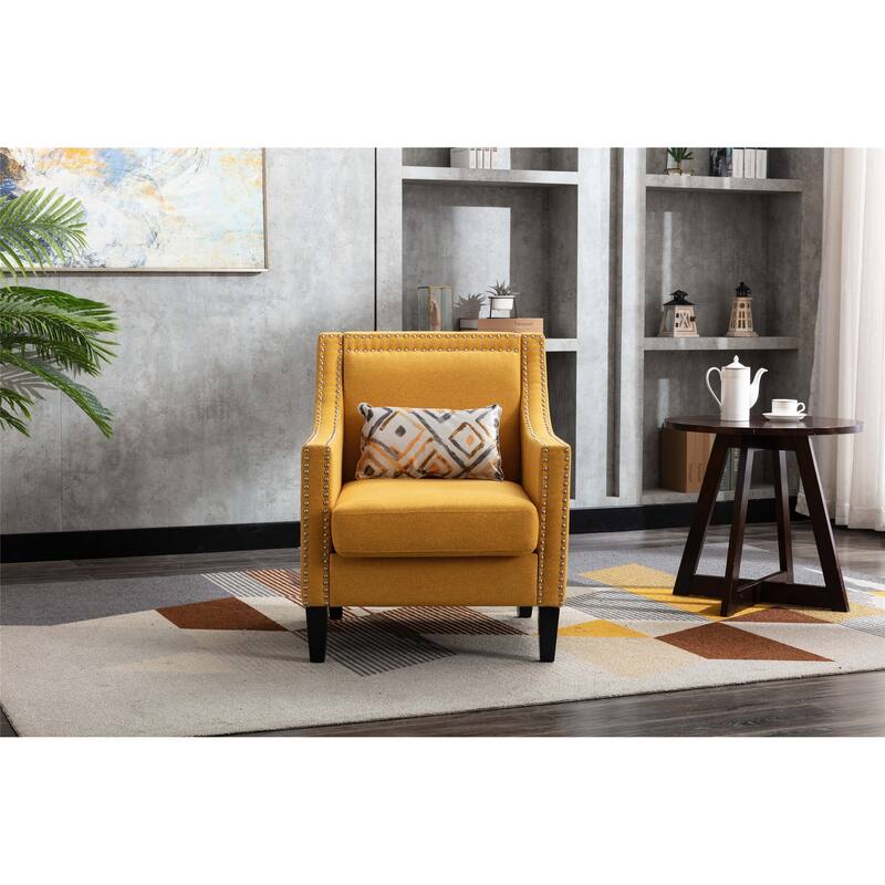 Linen Nailhead Accent Solid Wood Leg Living Room Armchair - Yellow