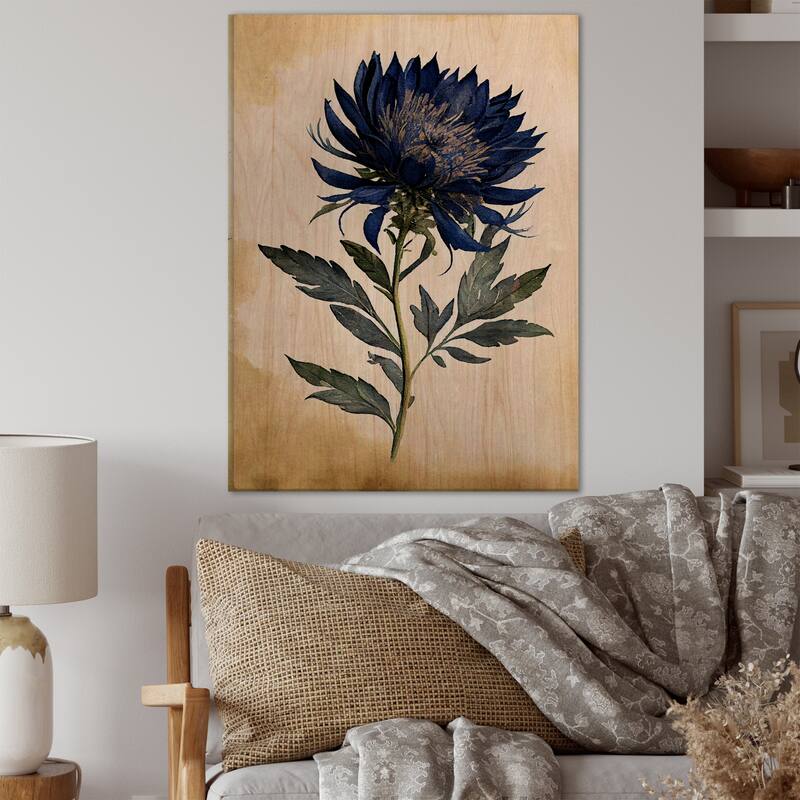 Designart 'Blossoming Blue Retro Flower II' Floral Wood Wall Art - Natural Pine Wood - 30 In. Wide x 40 In. High