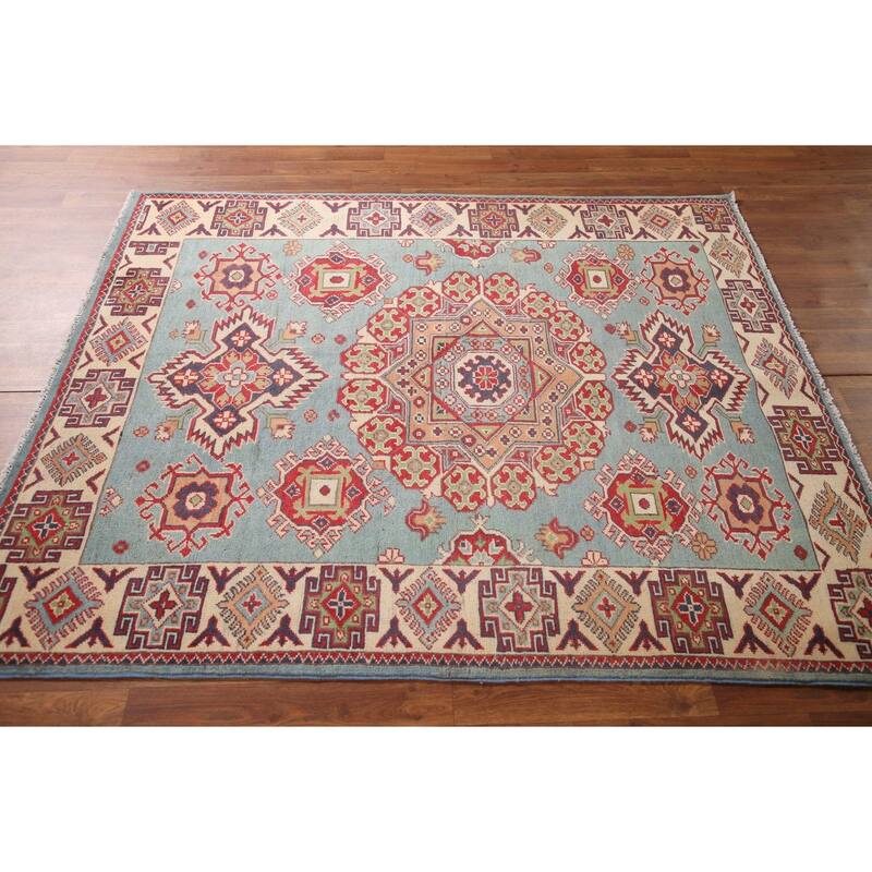 Geometric Blue Kazak Area Rug Handmade Wool Carpet - 4'11" x 5'11"