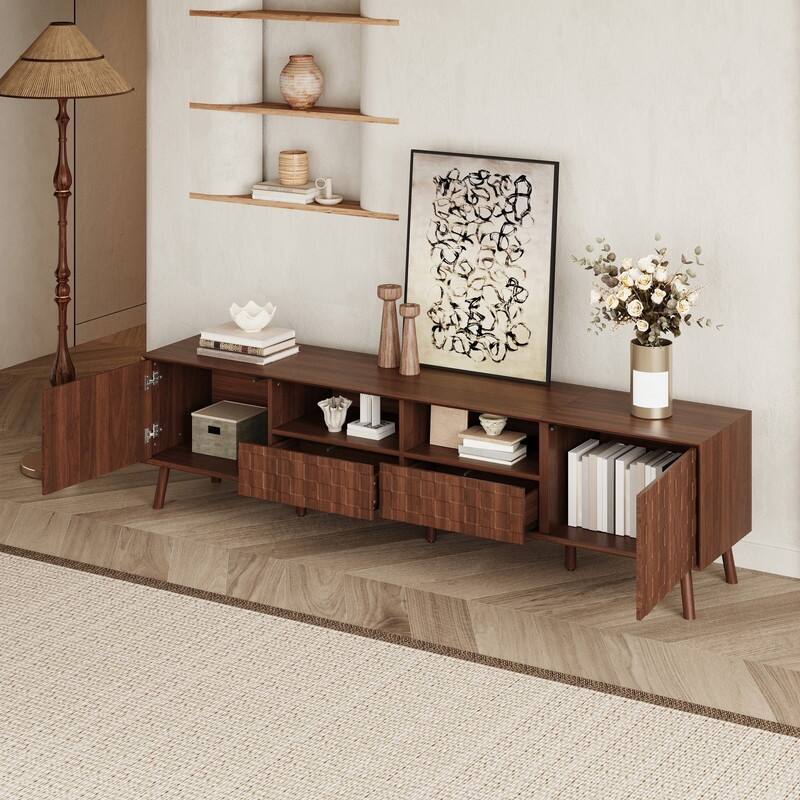 Modern 70" TV Stand for TVs up to 80", Entertainment Center Media Console Table with Solid Wood Legs and Open Storage