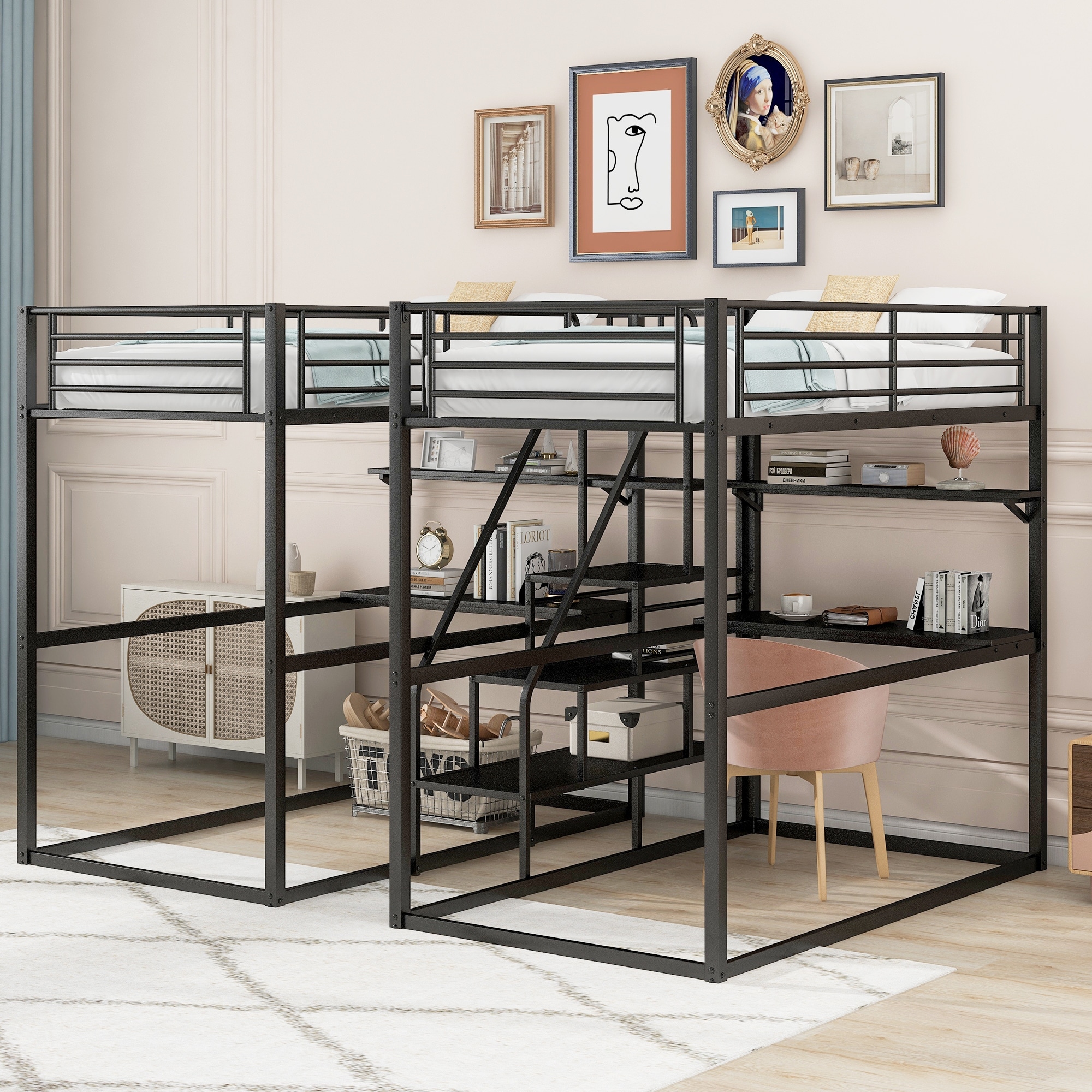 Metal Double Twin over Twin Bunk Bed with Two Desks Shelves and