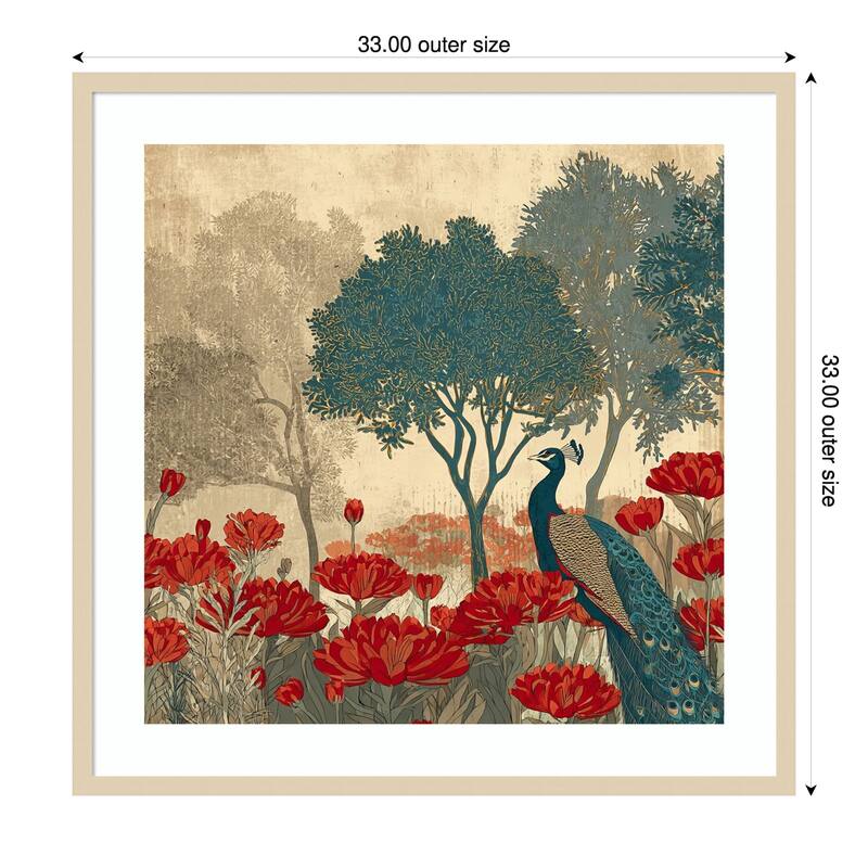 Peacock Mughal Mural Designs No. 7 by Tradelink inhouse artist Wood Framed Wall Art Print - Svelte Natural - 33 x 33 in