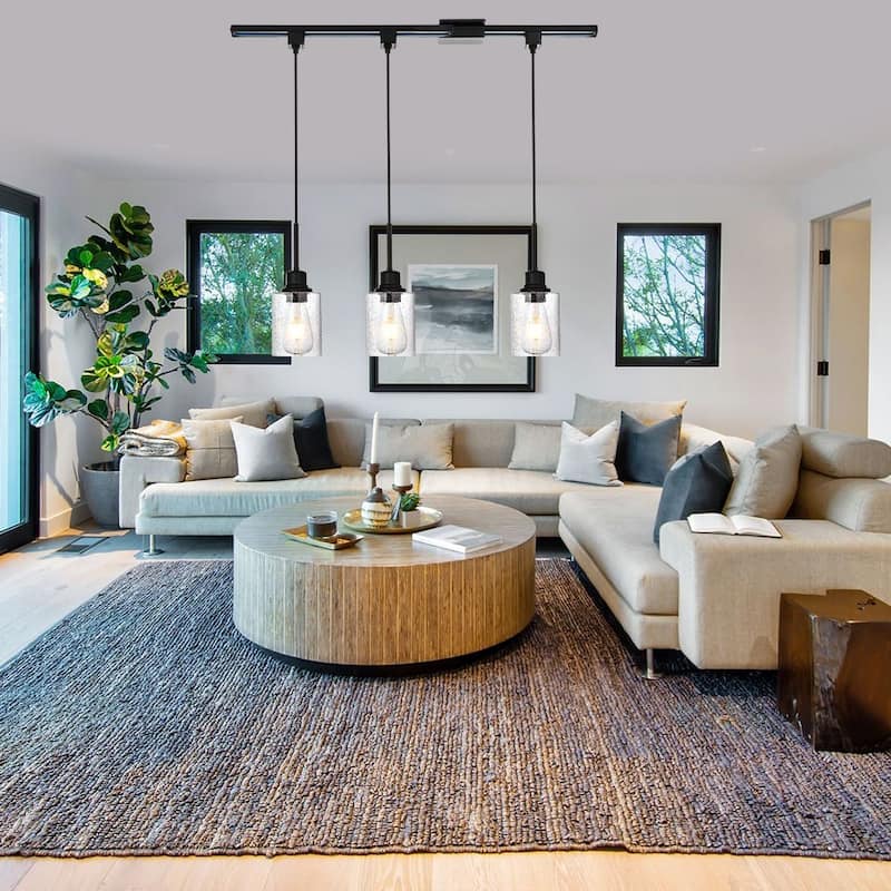 3-Lights H-Type Track Light, Dimmable Track Mount Pendant Lighting Fixtures with Seeded Glass Shade, track include